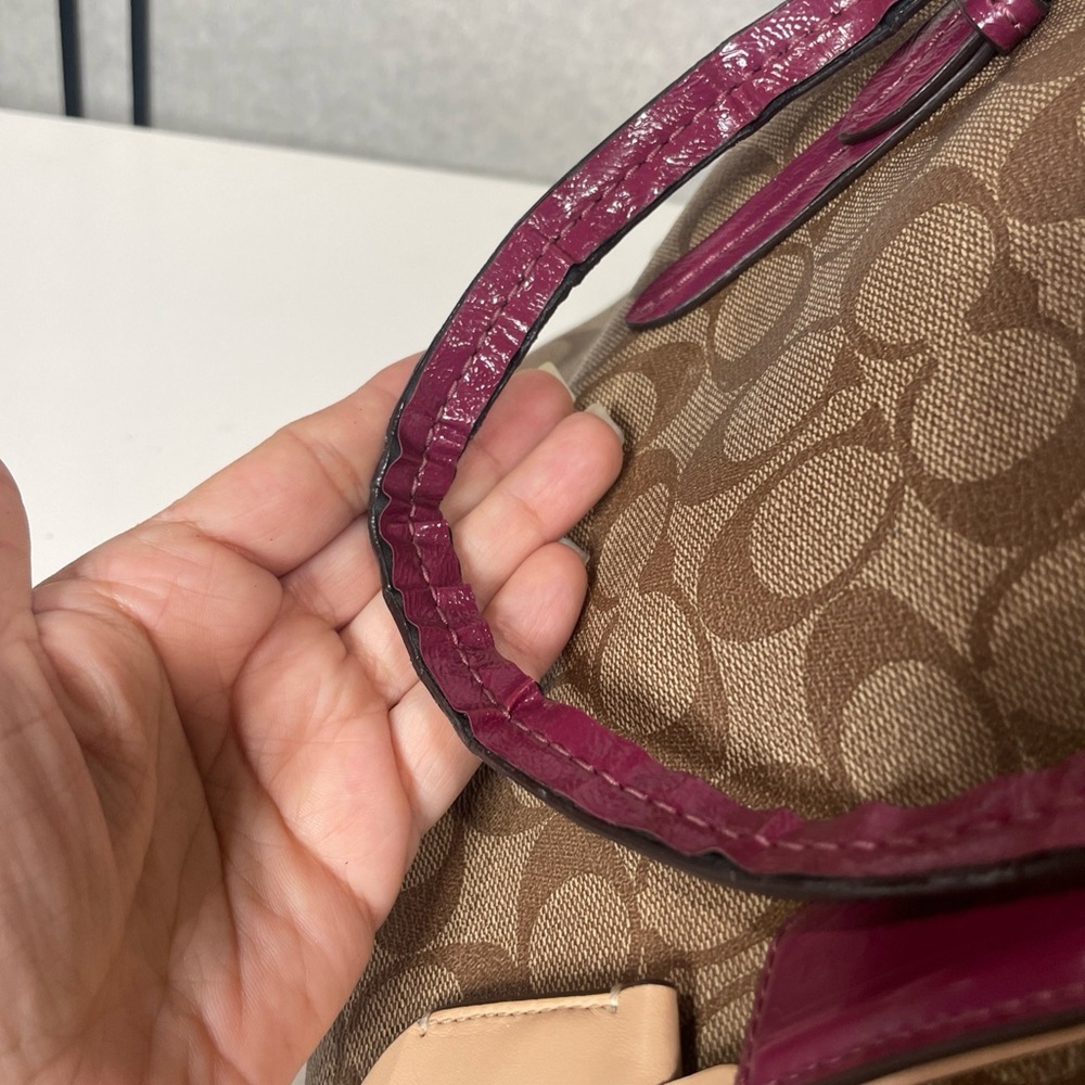 Coach Peyton Signature Cora Domed Satchel Bag Brown Coated Canvas Purple Leather - Picture 12 of 13